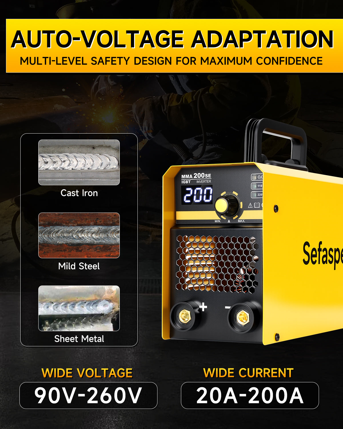 Sefaspe MMA200SE 200A デジタルインバータースティック溶接機 – ポータブル 110V/220V デュアル電圧 MMA &amp; リフト TIG マシン